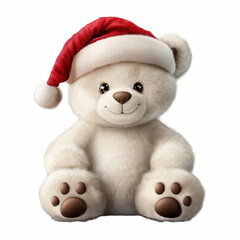 Fluffy white teddy bear wearing a festive red Santa hat, adorable plush Christmas toy isolated on transparent background.