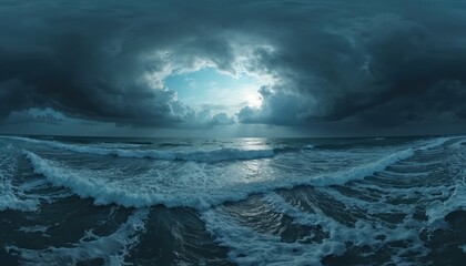 360 degree panorama of stormy sea with dark clouds, waves. Seascape with dramatic sky for virtual tours, games, creative projects. Ball-shaped projection summer horizon view. Ocean, storm, weather.