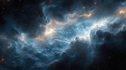Fototapeta premium a cosmic nebula filled with glowing clouds of gas and dust. In the center of the composition, bright blue-white clouds glow against the dark background of space, 