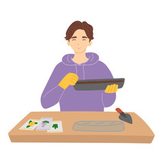 Man sowing seeds in spring in flat cartoon design. Happy gardener holding and preparing growing tray with soil for planting flower seeds. Gardening tools and farming equipment. Vector illustration