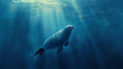 Obraz premium Solitary seal form perfect harmony of power grace glide through deep blue ocean filtered sunlight above accentuates fine details of coat while surrounding water creates otherworldly dreamlike ambiance