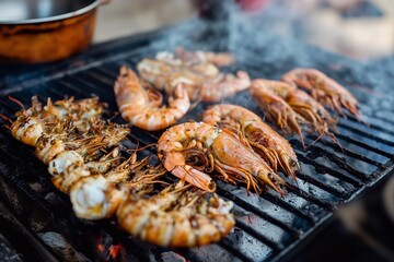 Fresh shrimp sizzles on a grill, releasing savory aromas as they cook. The outdoor gathering by the coast showcases delightful seafood in a summer atmosphere.