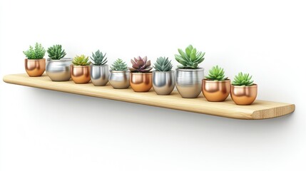 A sleek 3D vector illustration of a slim wooden shelf in a natural beech wood color, with several small metallic planters in silver, copper, and gold