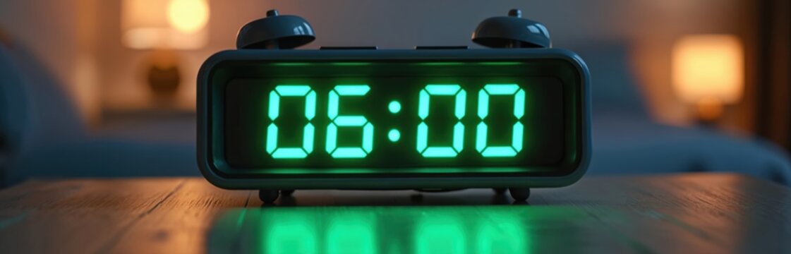 Digital alarm clock displays 6 AM in bright green numbers on wooden table. Time to wake up and start new day. Morning routine. Interior with lamp background. - Powered by Adobe