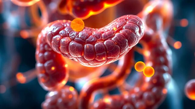 Detailed 3D Render of a Glowing Red Glandular Structure in Human Body Parts Drawing with High