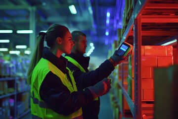 Fototapeta premium Employees scanning barcodes to check inventory for shipment in a factory warehouse