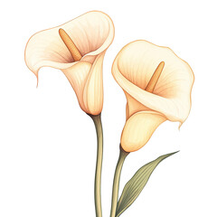 Elegant calla lilies with soft, curved forms watercolor design, isolated on transparent background