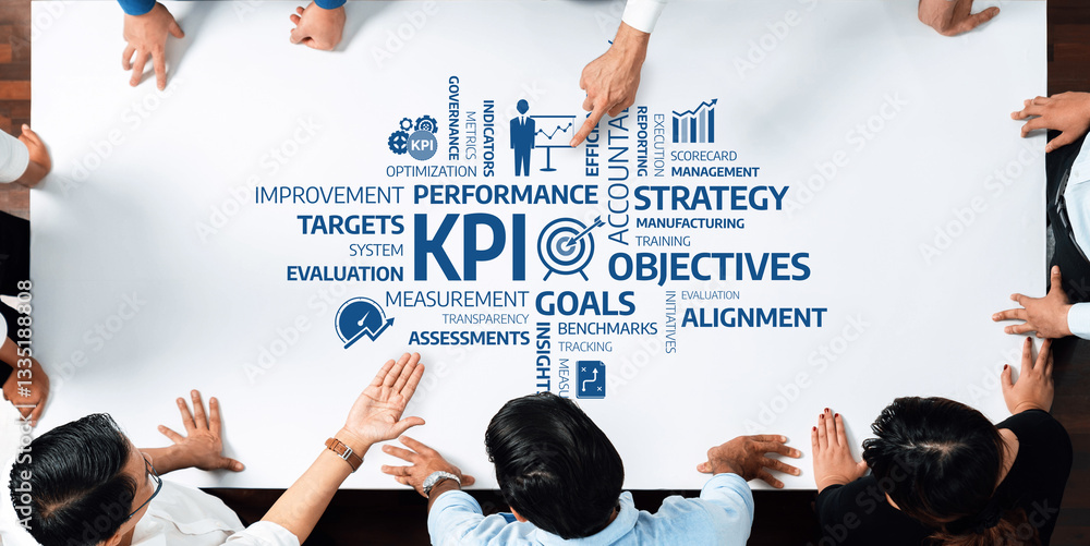 Aufkleber A dynamic meeting scene showcasing diverse professionals engaged in a collaborative strategy session focused on key performance indicators. Emphasis on alignment and improvement. Amity