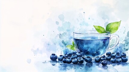 Fresh blueberry tea with mint leaves and watercolor splash design for beverage lovers