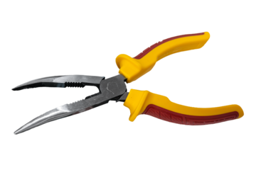Curved long-nose pliers with red and yellow handles isolated