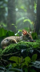 Obraz premium Serene photo of a Green Ringtail Possum resting on a bed of moss misty rainforest backdrop soft diffused light intricate fur details tranquil atmosphere and vibrant greenery