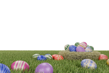 Painted Easter eggs scattered on green grass in springtime