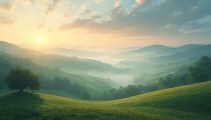 Fototapeta premium Misty sunrise over rolling hills in serene countryside. Ethereal ambiance with morning mist. Generative AI landscape with sun peeking through clouds, tranquil nature scene. Green grass, trees on