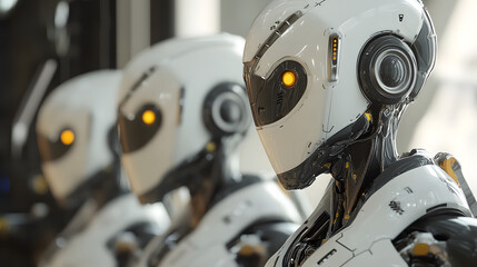 Fototapeta premium Autonomous AI robots working in harmony in a digital, futuristic factory, enhancing productivity and minimizing downtime.