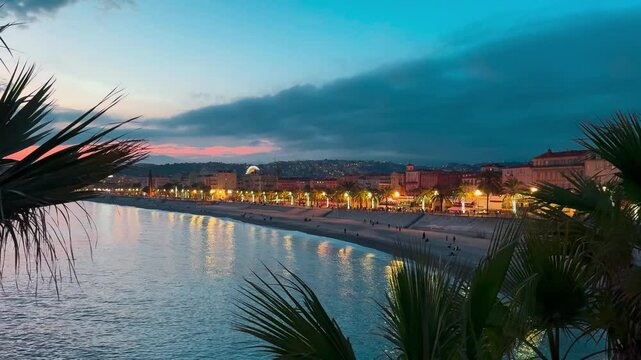French Riviera. Sunset on the seashore in Nice, France. High quality 4k footage