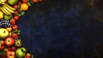 Colorful fruit border on dark background, food blog header