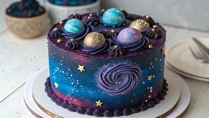 Craft a cake that looks like it's from another galaxy. Use deep blues, purples, and black, with sparkling stars, planets, and maybe even a nebula swirl. How would you make it out-of-this-world?