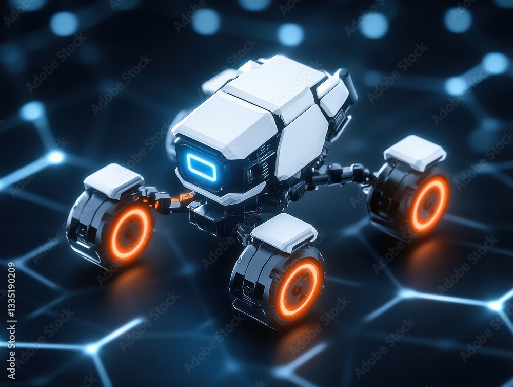 Poster futuristic robotic vehicle with glowing wheels on a digital network background