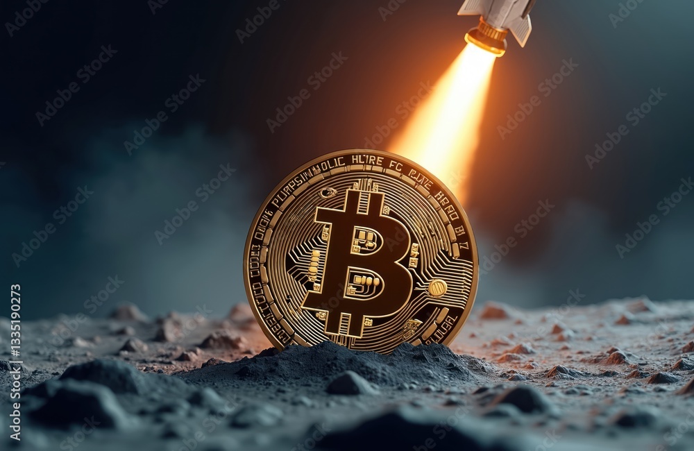Poster bitcoin with rocket launch on moon. digital electronic currency. cryptocurrency trading. bitcoin sig
