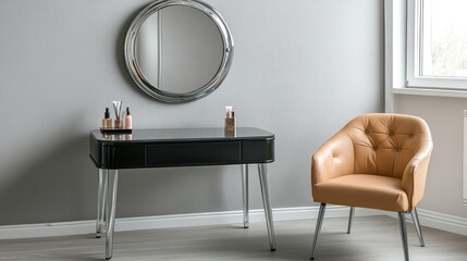 A sleek, modern vanity table in deep black with a smooth glass top, highlighted by a silver-framed round mirror above