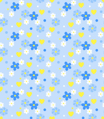 Blue and Yellow Small Floral Print with Hearts Seamless Repeat