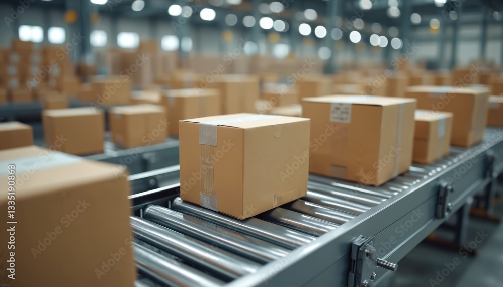 Poster boxes move on conveyor belt in modern warehouse, depicting logistic, distribution. packages undergo 