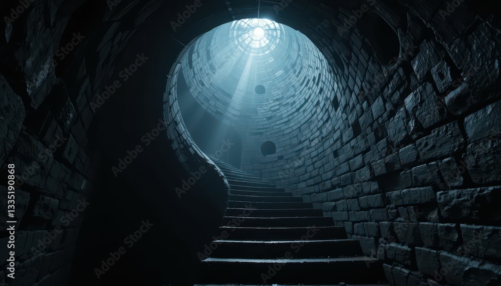Poster dark circular staircase in an abandoned stone well with light rays
