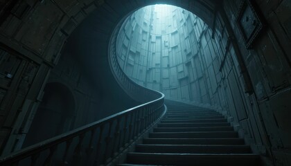 Fototapeta premium Mysterious Spiral Staircase in Dimly Lit Abandoned Structure
