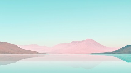 A serene landscape of a calm lake, surrounded by mountains in shades of pink and brown, with a light blue sky.