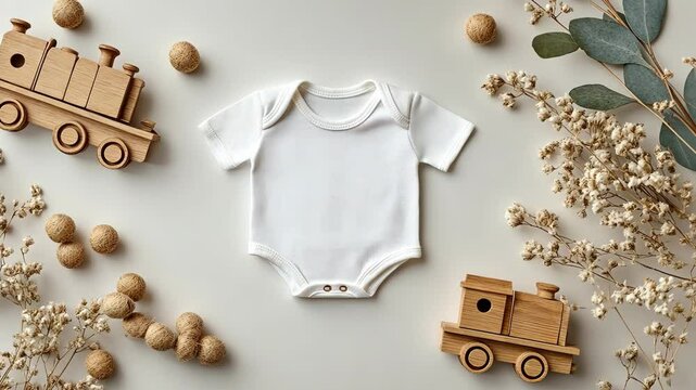 Baby clothing flat lay with wooden toys and decorative elements on a neutral background