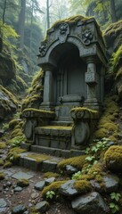 Fototapeta premium Ancient Throne Surrounded by Lush Greenery in Mystical Forest Scene