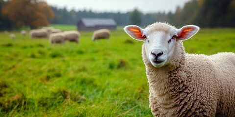 Fototapeta premium Sheep grazing on a green meadow with farm buildings in the distance peaceful田园风光 countryside outdoor landscape agriculture livestock pastoral scene田野风光