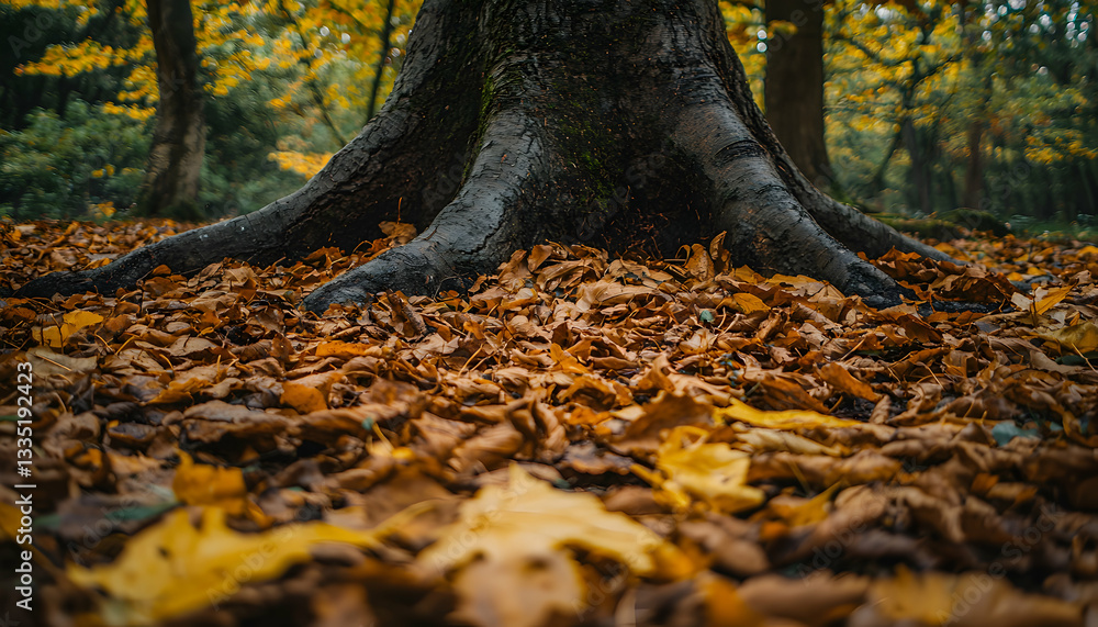 Poster exploring tree root base covered in fallen autumn leaves in forest