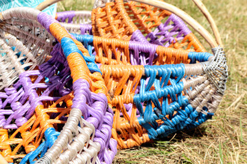 Hand-woven colorful vegetable baskets, close-up