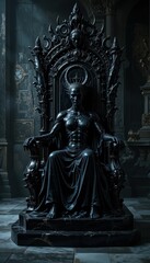 Dark Gothic Throne with Striking Black Sculpture in Dim Light