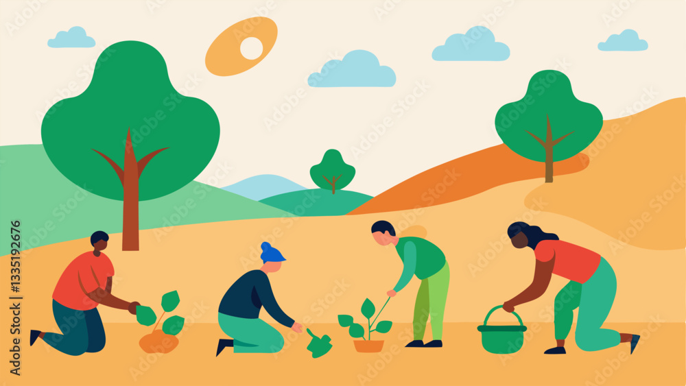 Aufkleber natures resilience an of a community planting trees and creating green spaces in a barren landscape 