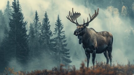 A Nordic wildlife scene with a moose standing in a misty forest, surrounded by tall pine trees 