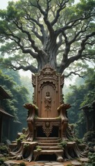 Obraz premium Ancient Throne Surrounded by Majestic Trees in Enchanted Forest