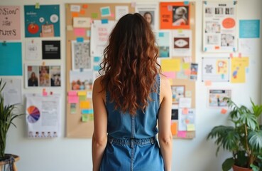 Woman with curly hair in denim dress stands in front of vision board with sticky notes, papers at home office. Project manager plans startup strategy, develops creative ideas. Brainstorming time.