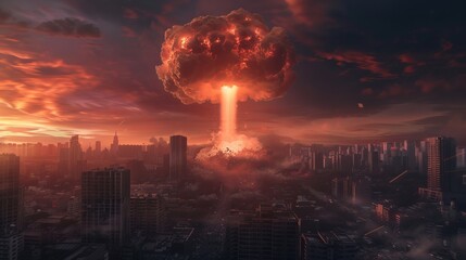 A dramatic scene of a nuclear explosion illuminating a city skyline at dusk.