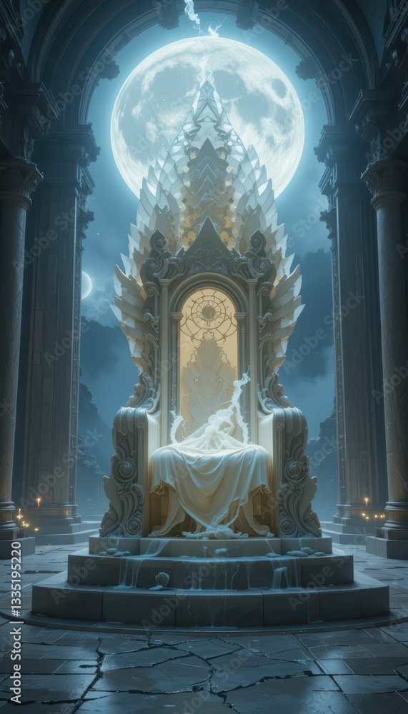 Poster ethereal throne in a mystical moonlit environment with columns