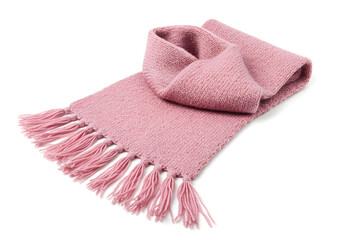 Stylish pink knitted scarf with tassels, perfect for cozy winter outfits, Isolated on a white background.