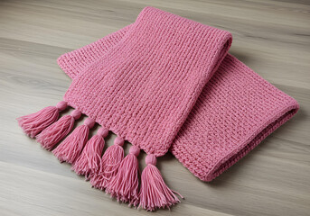 Stylish pink knitted scarf with tassels, perfect for cozy winter outfits, Isolated on a white background.