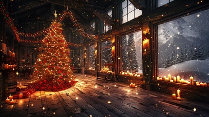 A cozy Nordic Christmas scene with a family decorating a tree, candles in the windows, and snow falling outside