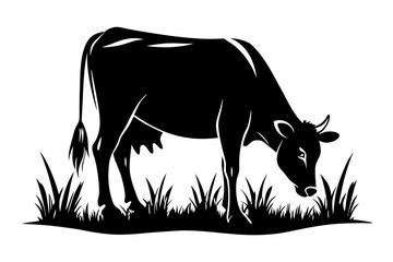 cow eat grass line art silhouette vector illustration