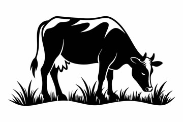 cow eat grass line art silhouette vector illustration