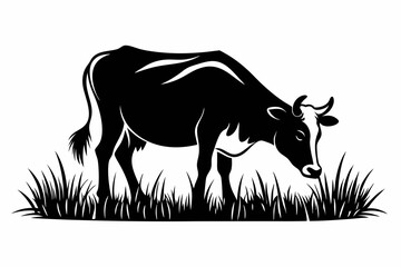 cow eat grass line art silhouette vector illustration