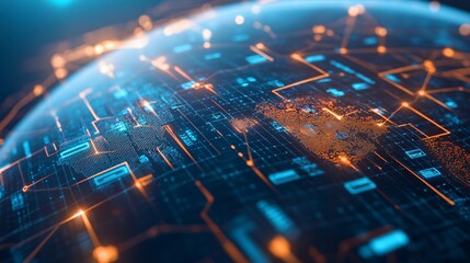 Global network connections, vibrant digital world map with glowing nodes, technology theme, copy-space for text.