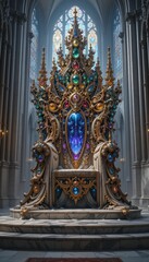 Fototapeta premium Majestic Ornate Throne with Colorful Gems in Grand Cathedral Interior