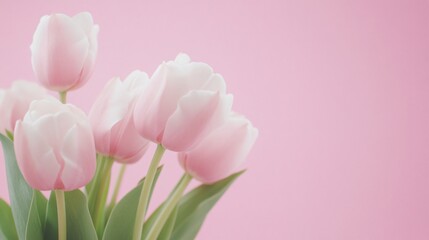 Fototapeta premium Delicate pink tulips in soft focus, fresh flowers against a pastel backdrop, perfect for spring themes and floral design.